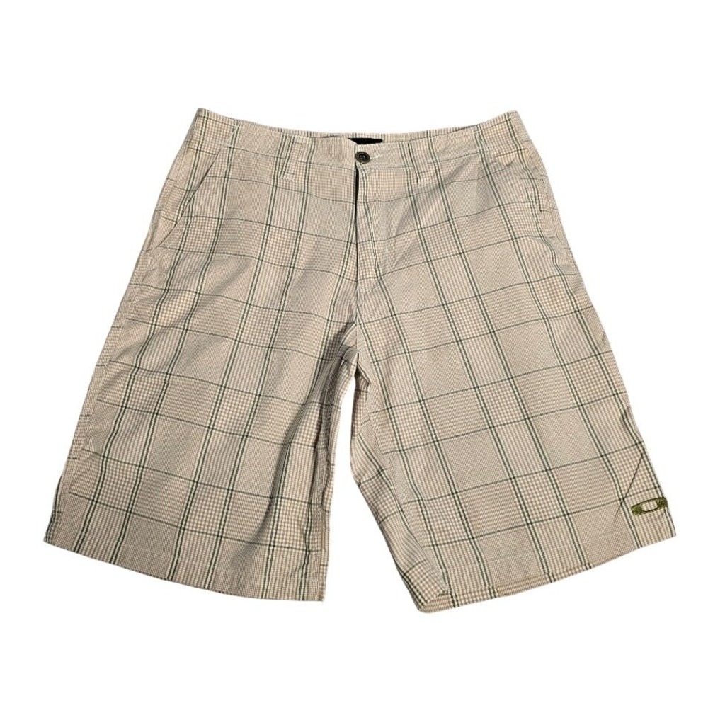 Oakley Mens Plaid Chino Shorts Tan Green Size 33 Cotton Casual Summer Golf. 675